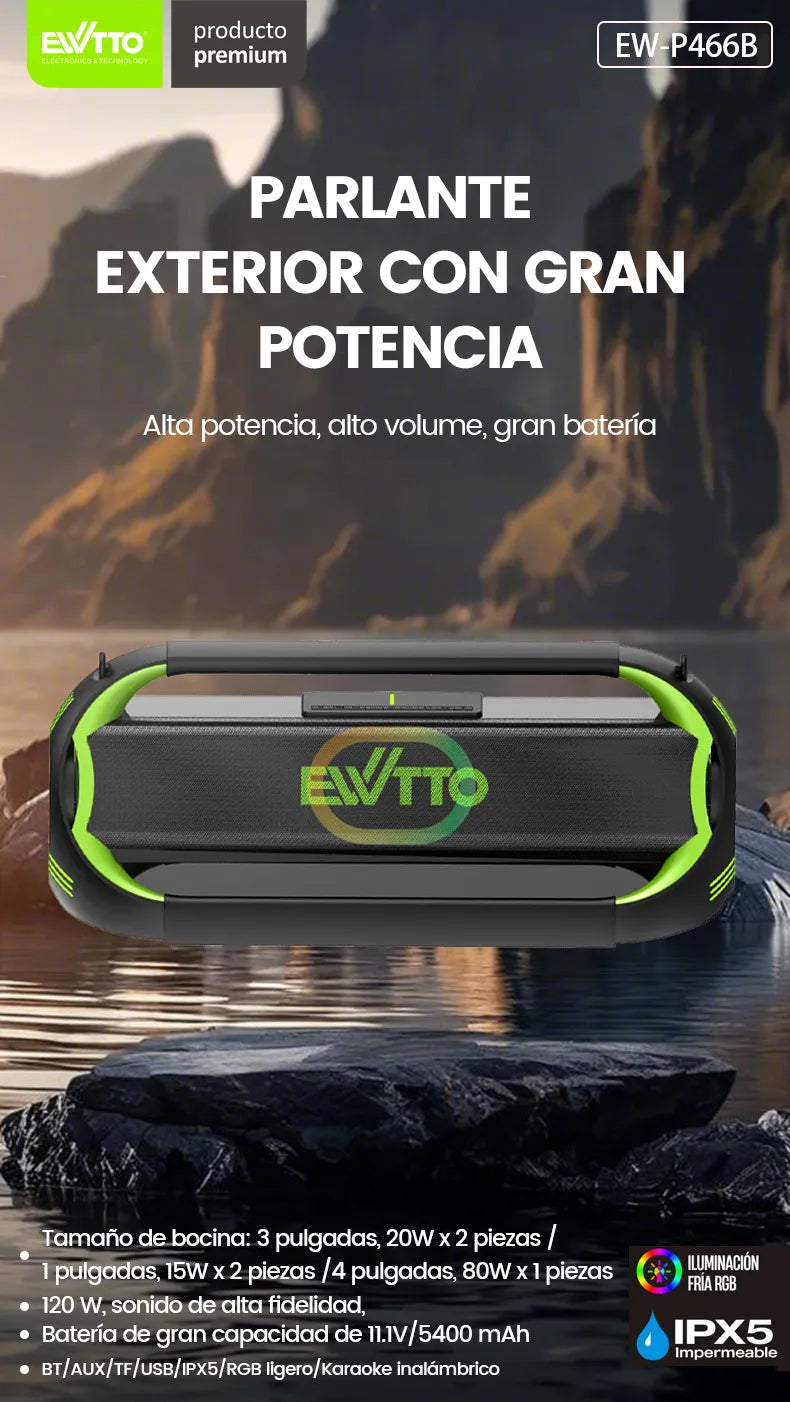 Parlante Bluetooth EWTTO P466B Depredador 120W RMS IPX5