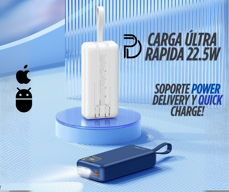 Cargador Pórtatil Remax 550 22.5W de potencia! 30.000mAh de capacidad - Cables Tipo C y Lightning Integrados!