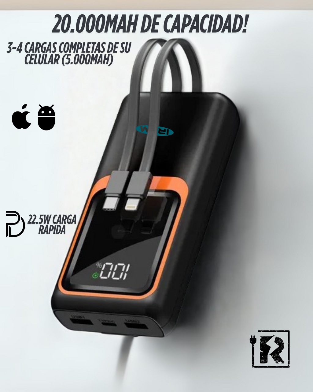 Cargador IRM Pro 11 20.000mAh Capacidad 22.5W Cables Integrados Pantalla Digital