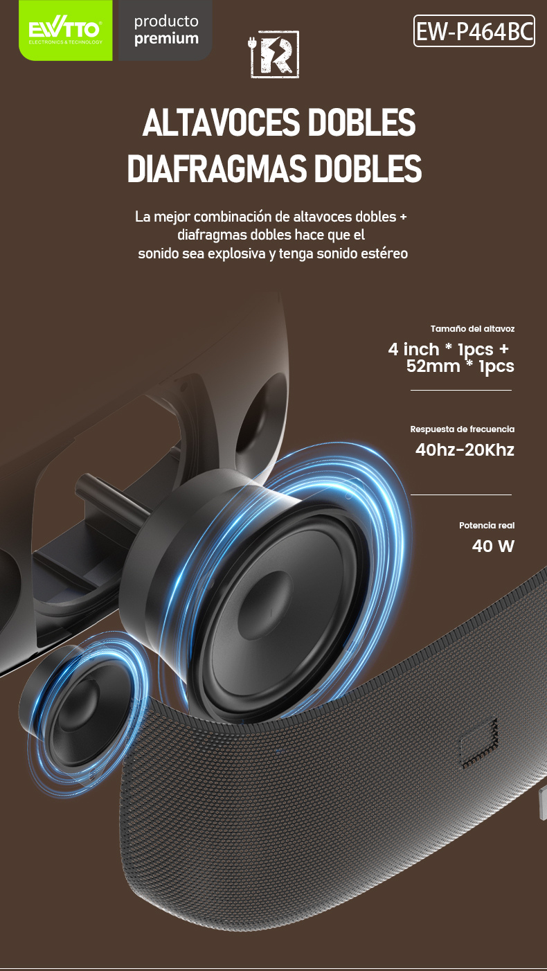 Parlante Bluetooth AI Bass EWTTO P464B 40W RMS 5.3V BT Entrada Microfono