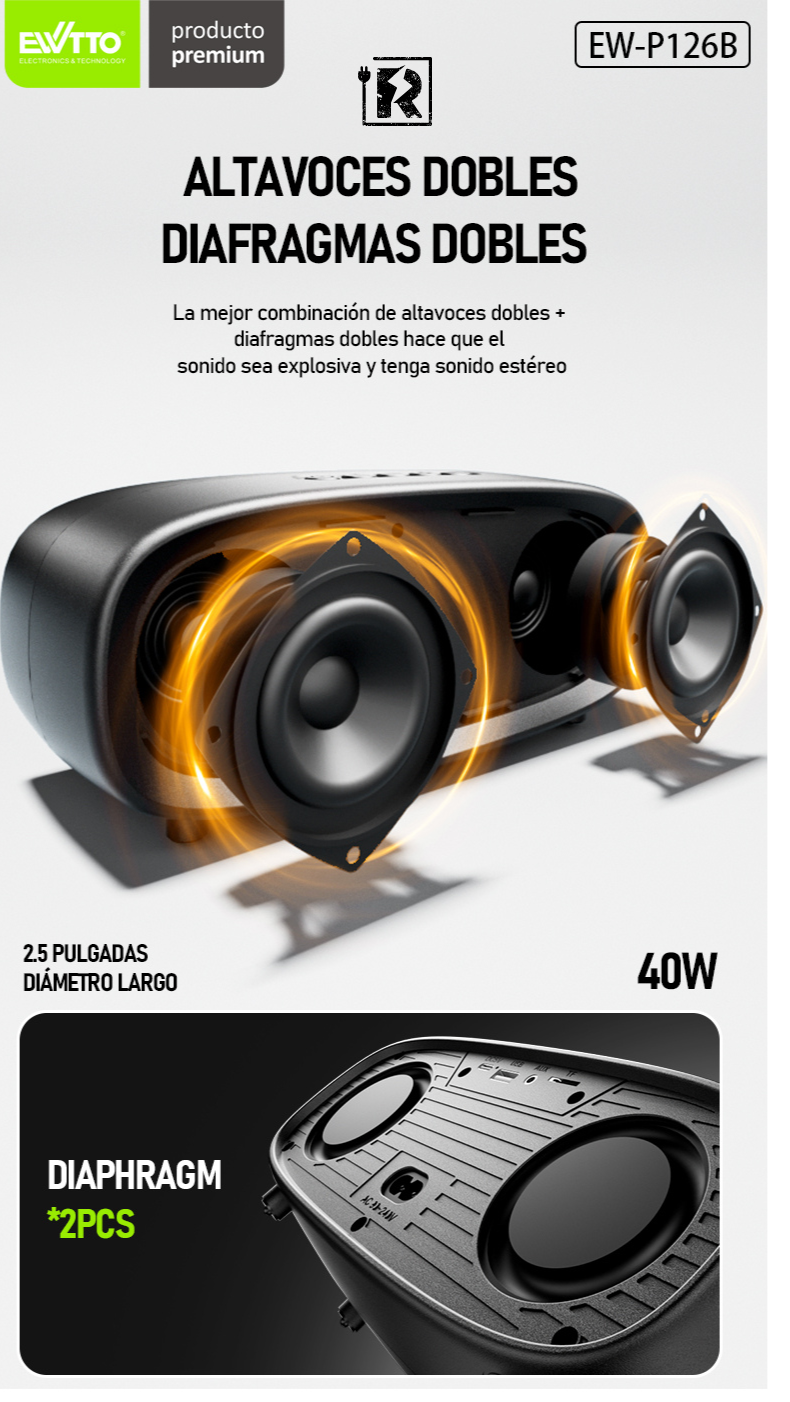 Parlante Bluetooth EWTTO 40W RMS Sonido HI-FI BASS Ai 220V/5V Conexión Directa Mejor que JBL