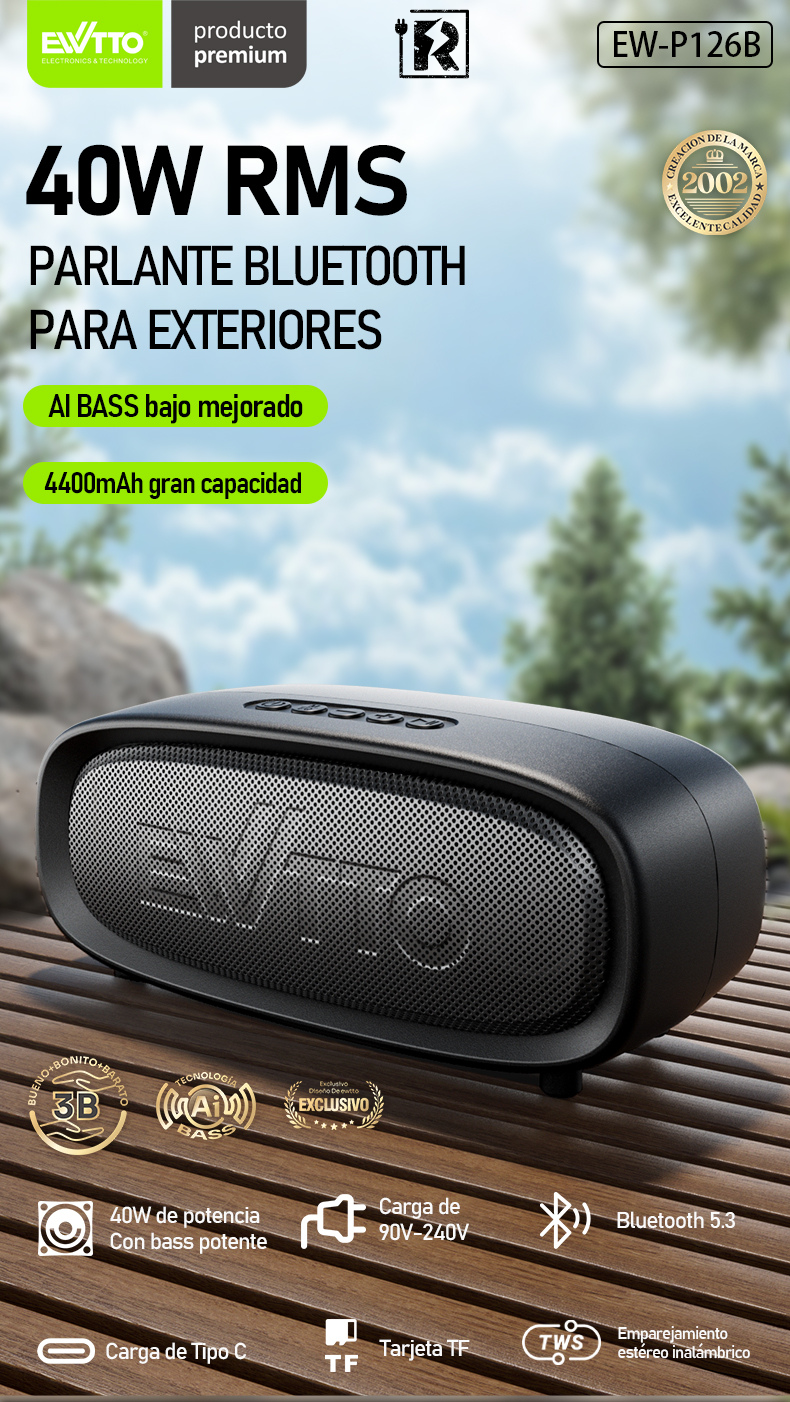 Parlante Bluetooth EWTTO 40W RMS Sonido HI-FI BASS Ai 220V/5V Conexión Directa Mejor que JBL