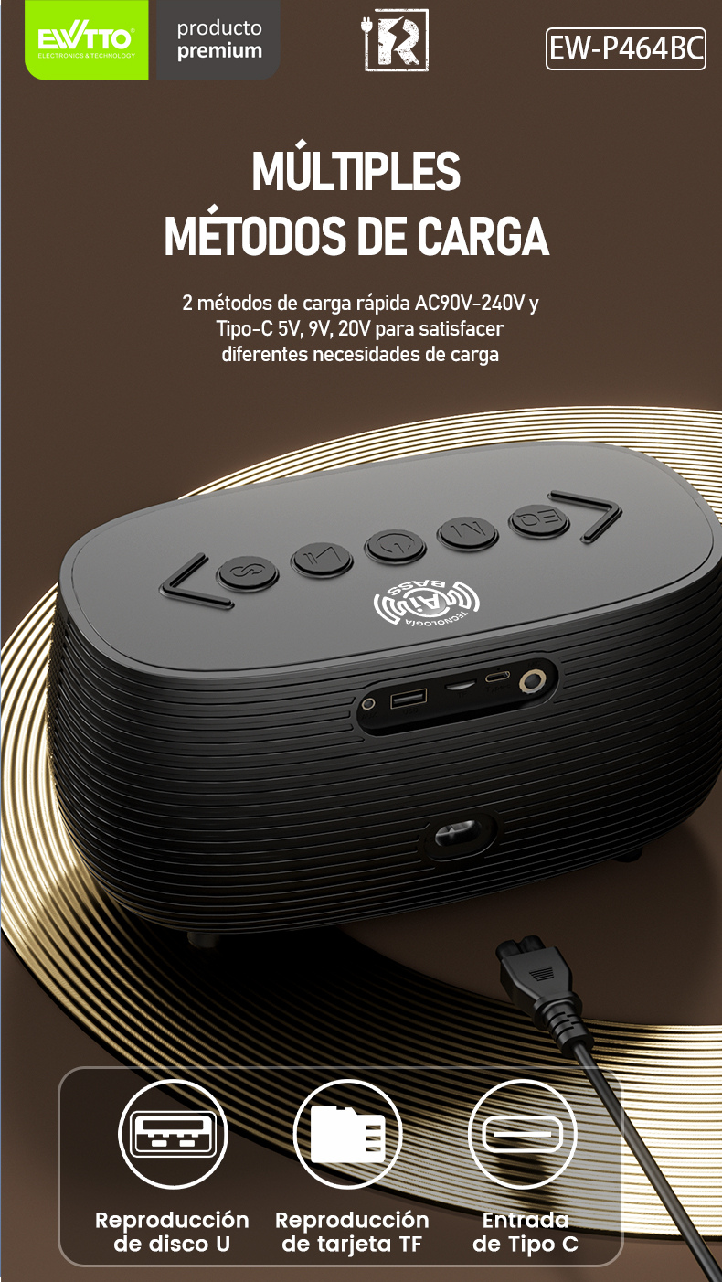 Parlante Bluetooth AI Bass EWTTO P464B 40W RMS 5.3V BT Entrada Microfono