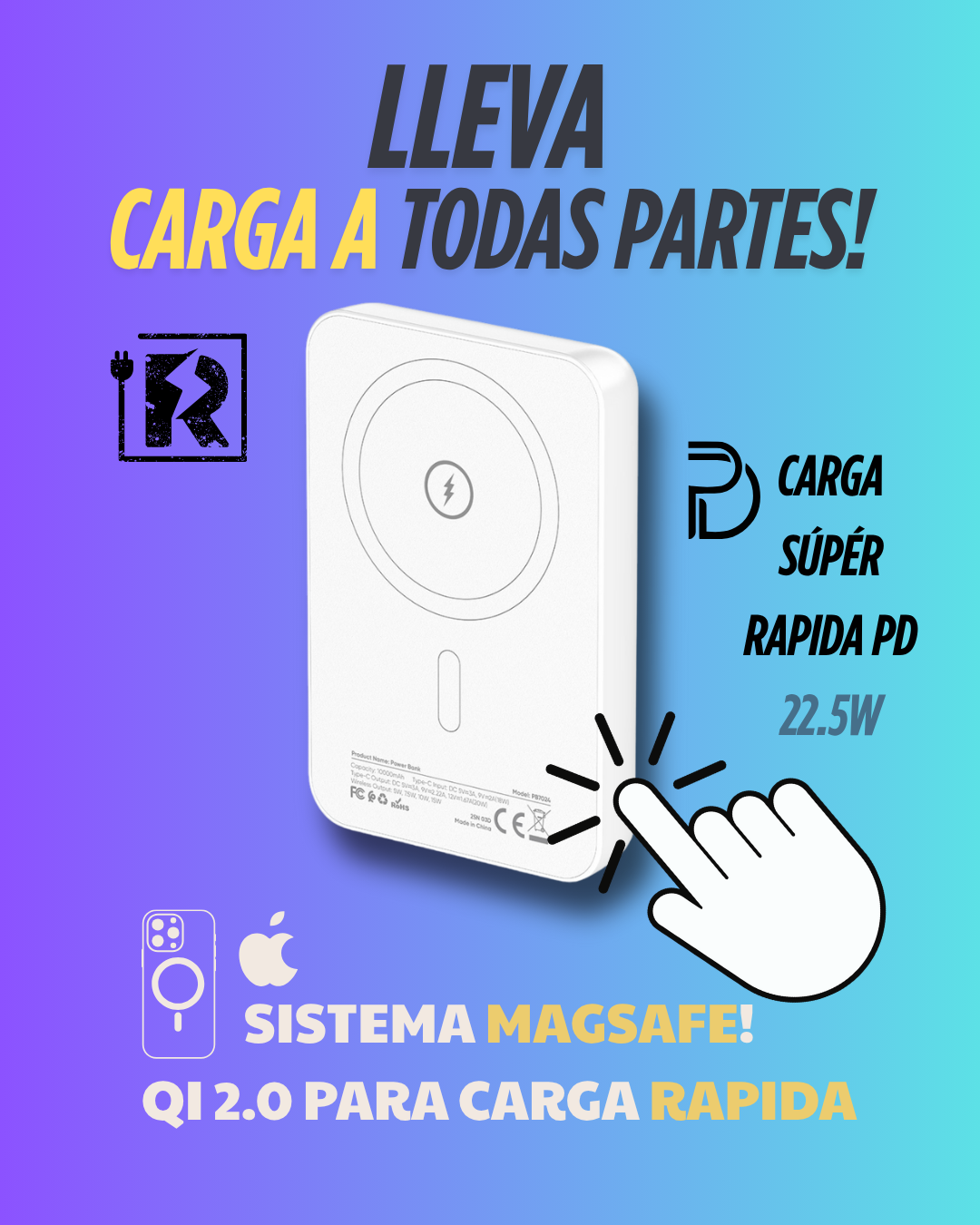 Cargador Portátil Vidvie Inalámbrico Wireless MagSafe 10.000mAh Carga Rápida Power Delivery 20W+15W