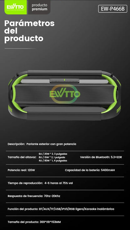 Parlante Bluetooth EWTTO P466B Depredador 120W RMS IPX5
