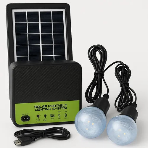 Kit Solar / 2 Ampolletas LED / Carga Celulares / 1200mAh Batería Incluida / 3.7W de potencia / 8 Horas Luz Continúa