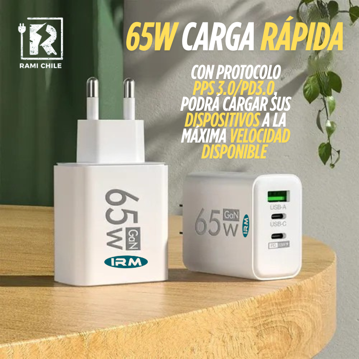 Cargador de Pared IRM 65W Carga Ultra Rápida PPS 3.0/ PD 3.0 / Tecnología GaN Powered-By Premium
