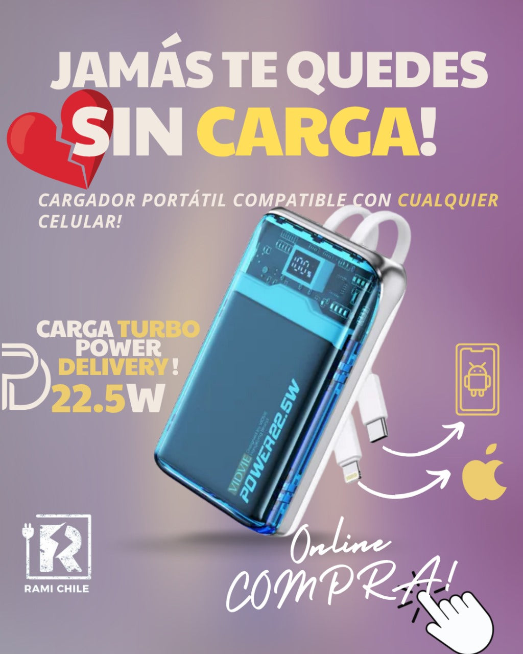 Cargador Portátil Transparente 10.000mAh Vidvie® Carga Rápida 22.5W Power Delivery Pantalla Digital Cables Integrados 🚀