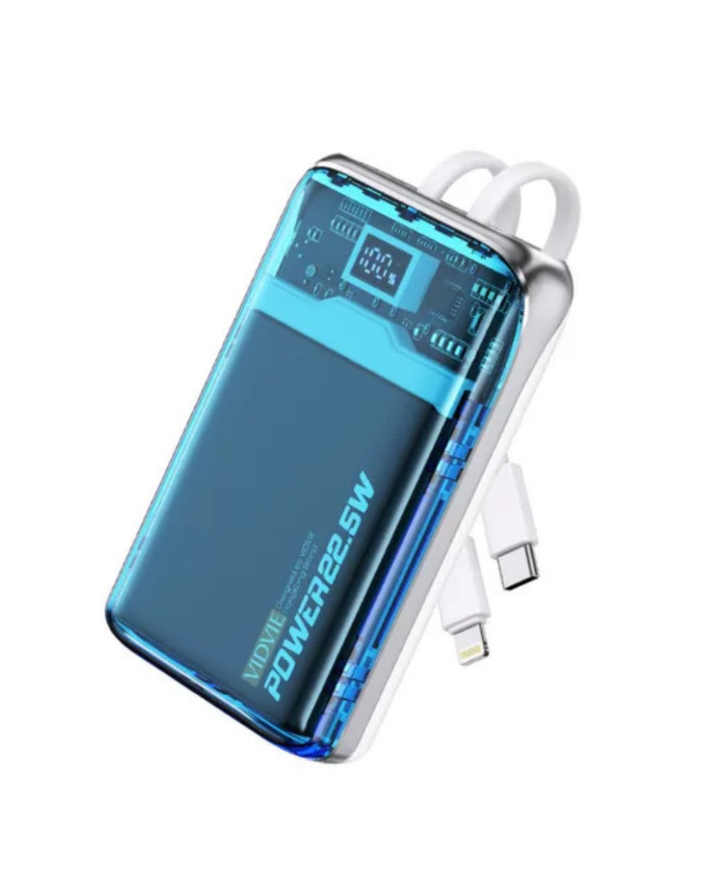 Cargador Portátil Transparente 10.000mAh Vidvie® Carga Rápida 22.5W Power Delivery Pantalla Digital Cables Integrados 🚀