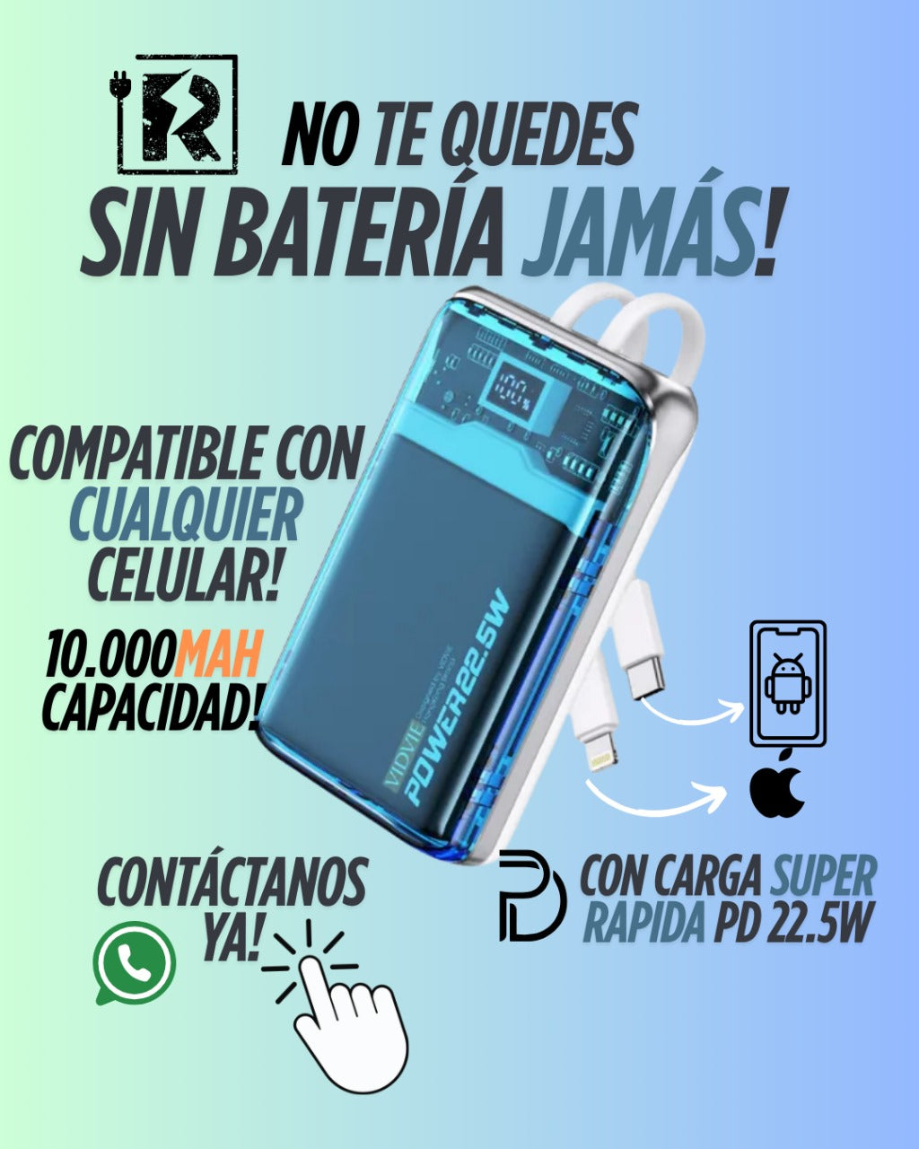 Cargador Portátil Transparente 10.000mAh Vidvie® Carga Rápida 22.5W Power Delivery Pantalla Digital Cables Integrados 🚀