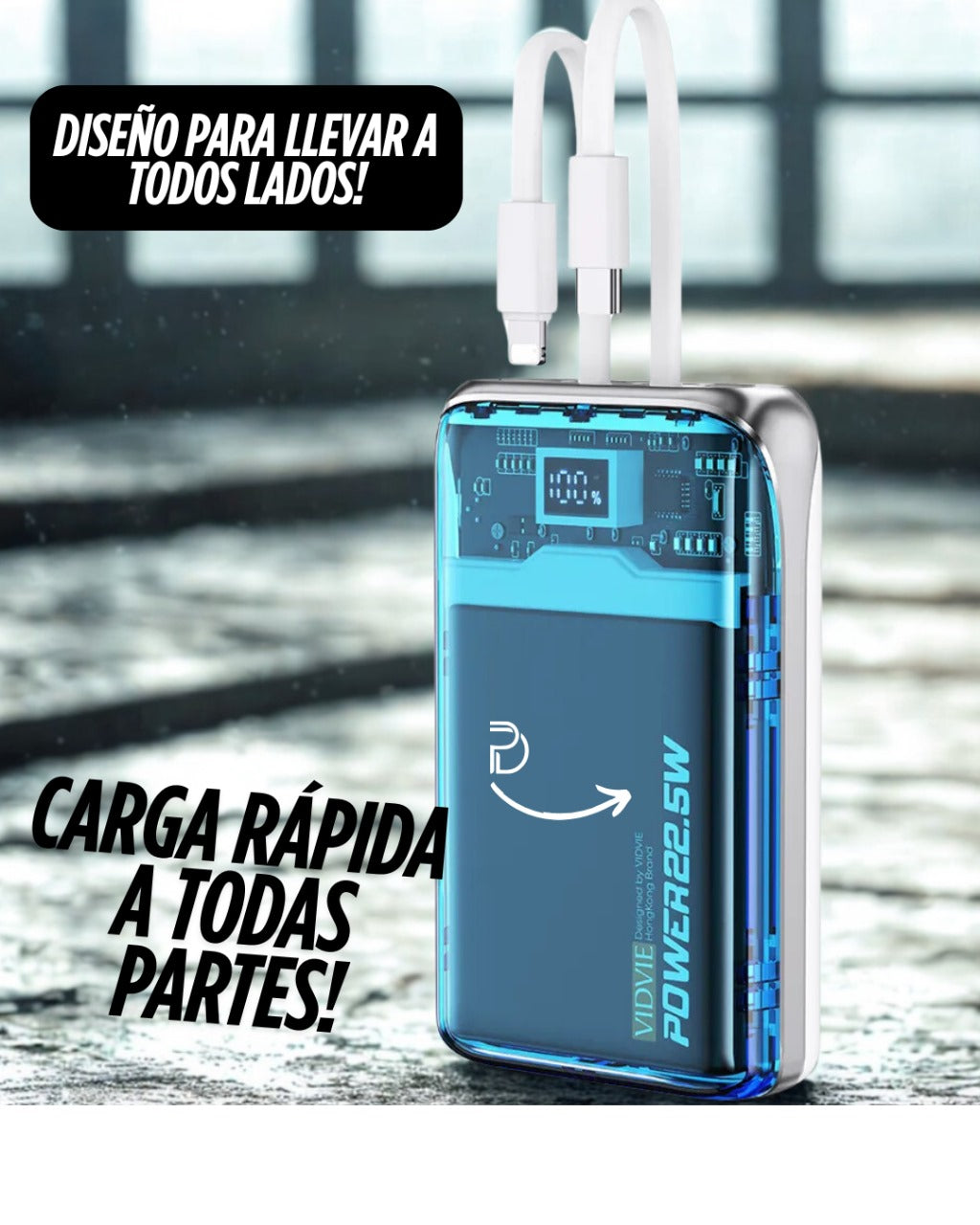 Cargador Portátil Transparente 10.000mAh Vidvie® Carga Rápida 22.5W Power Delivery Pantalla Digital Cables Integrados 🚀