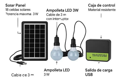 Kit Solar / 2 Ampolletas LED / Carga Celulares / 1200mAh Batería Incluida / 3.7W de potencia / 8 Horas Luz Continúa