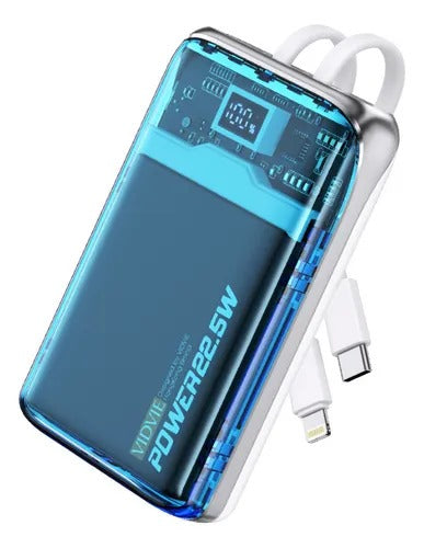 Cargador Portátil Transparente 10.000mAh Vidvie® Carga Rápida 22.5W Power Delivery Pantalla Digital Cables Integrados 🚀