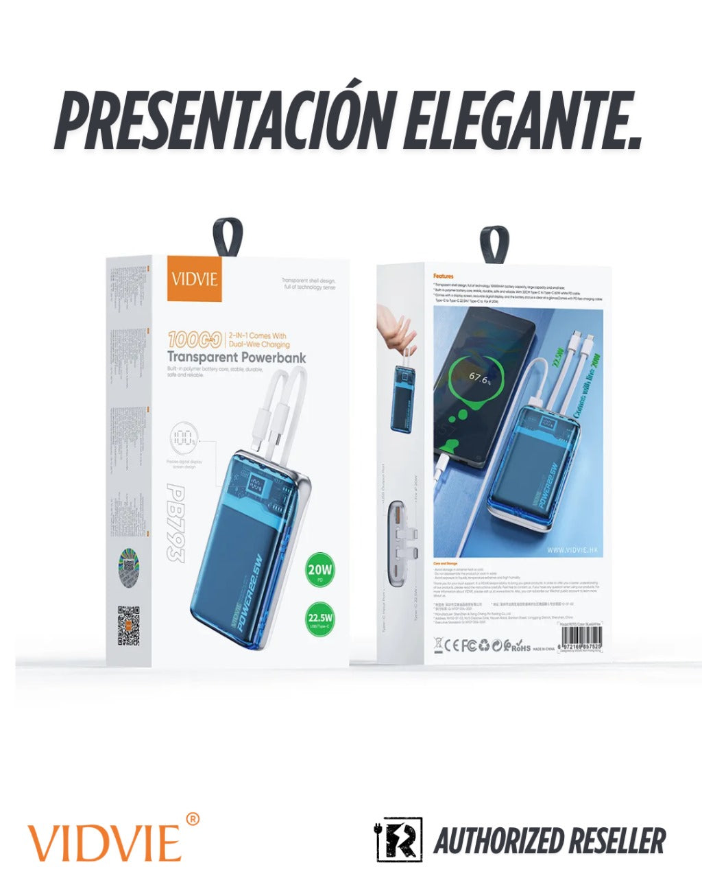 Cargador Portátil Transparente 10.000mAh Vidvie® Carga Rápida 22.5W Power Delivery Pantalla Digital Cables Integrados 🚀