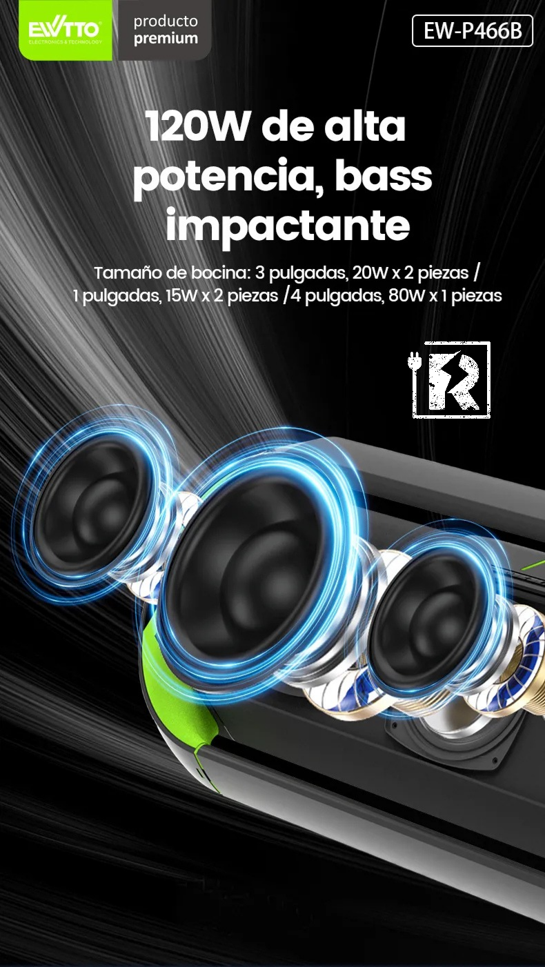 Parlante Bluetooth EWTTO P466B Depredador 120W RMS IPX5