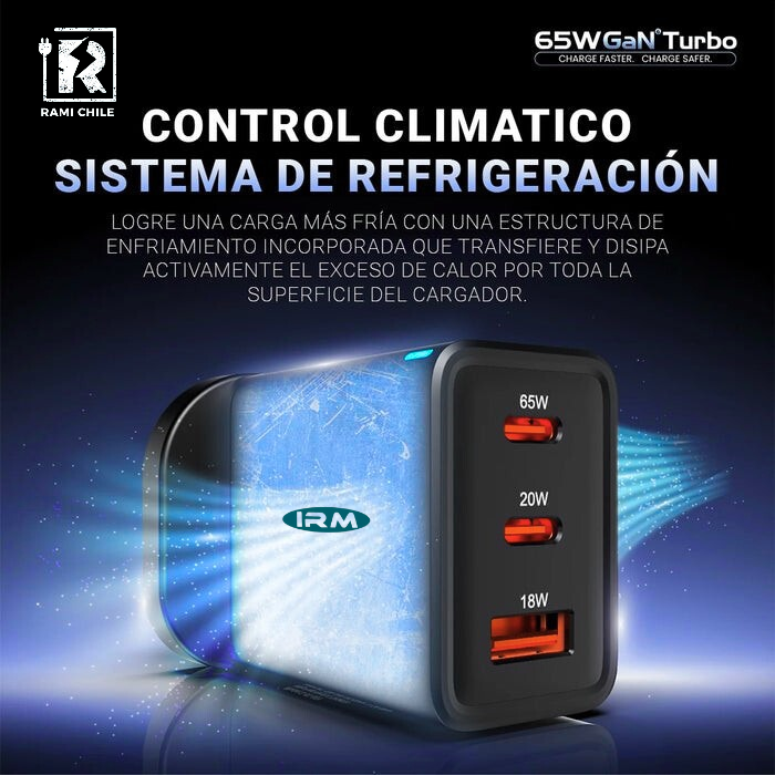 Cargador de Pared IRM 65W Carga Ultra Rápida PPS 3.0/ PD 3.0 / Tecnología GaN Powered-By Premium